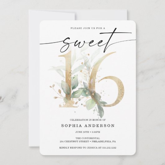 ウォーターカラーグリーンリー金ゴールドスイート16誕生日 招待状 (正面)