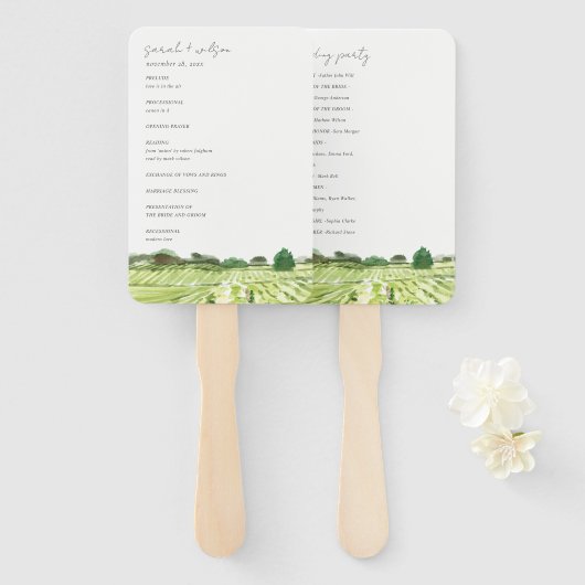 ウォーターカラーグリーンワイナリービニヤード結婚式 プログラム ハンドファン (正面&裏面)