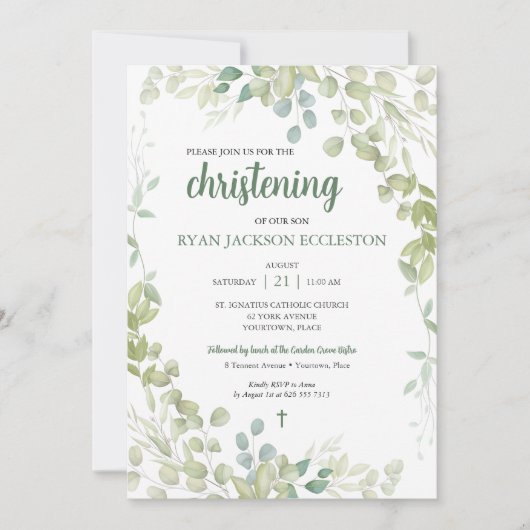 ウォーターカラーグリーン《キリスト教》洗礼式や命名式ベビー 招待状 (正面)