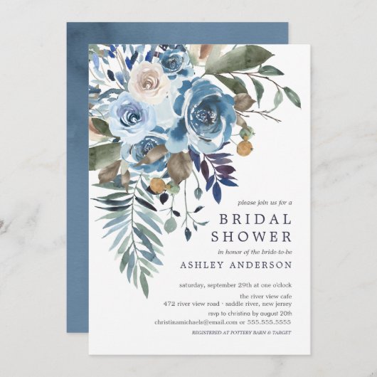 ウォーターカラーグリーン&ピンクフローラブライダルシャワー 招待状 (正面/裏面)