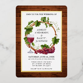 ウォーターカラーグレープつる植物リースウッ結婚ドズ金ゴールド 箔招待状