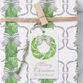 ウォーターカラーグレーボウリースとグリーントピアリー ギフトタグ