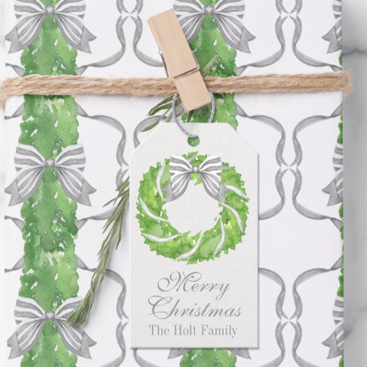 ウォーターカラーグレーボウリースとグリーントピアリー ギフトタグ