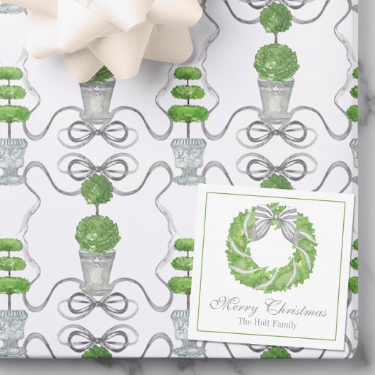 ウォーターカラーグレーボウリースとグリーントピアリー ノートカード