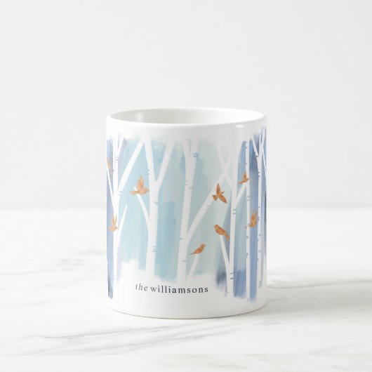 ウォーターカラーグレー洗浄樺の木ツリー&金ゴールド鳩 コーヒーマグカップ (中央)