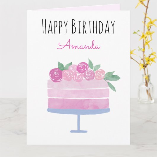 ウォーターカラーケーキ&ピンクローズ誕生日 カード (黄色い花)