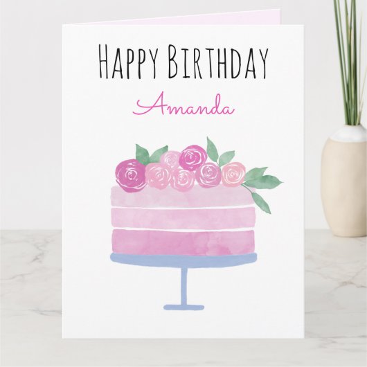 ウォーターカラーケーキ&ピンクローズ誕生日 カード (正面)