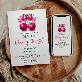 ウォーターカラーコケットさくらんぼ1st誕生日 招待状