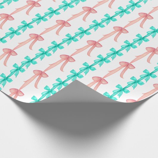 ウォーターカラーコケットターコイズ&ピンクボウズ ラッピングペーパー (角)