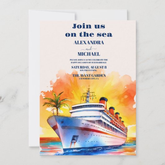 ウォーターカラーコスタルシースケープビーチクルーズ結婚ズ 招待状 (正面)