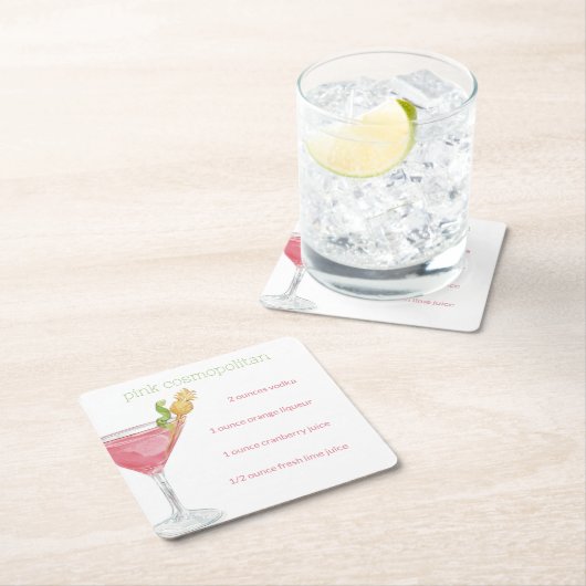 ウォーターカラーコスモポリタンカクテルレシピ スクエアペーパーコースター (インサイチュ)