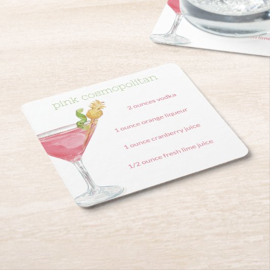 ウォーターカラーコスモポリタンカクテルレシピ スクエアペーパーコースター (アングル)