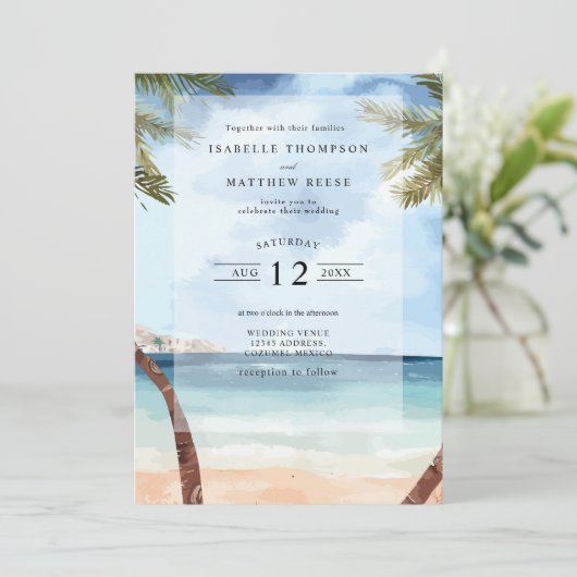 ウォーターカラーコズメルトロピカルビーチ結婚式 招待状 (スタンド正面)