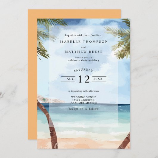 ウォーターカラーコズメルトロピカルビーチ結婚式 招待状 (正面/裏面)