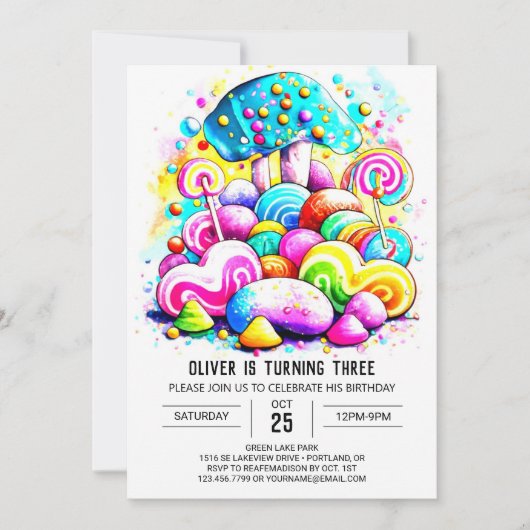 ウォーターカラーコットンキャンディ子供の誕生日 招待状 (正面)