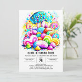 ウォーターカラーコットンキャンディ子供の誕生日 招待状 (スタンド正面)