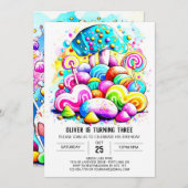 ウォーターカラーコットンキャンディ子供の誕生日 招待状 (正面/裏面)