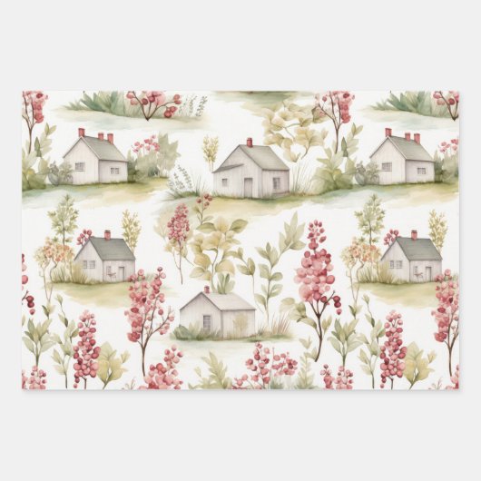 ウォーターカラーコテージコアパターン ラッピングペーパーシート (正面2)