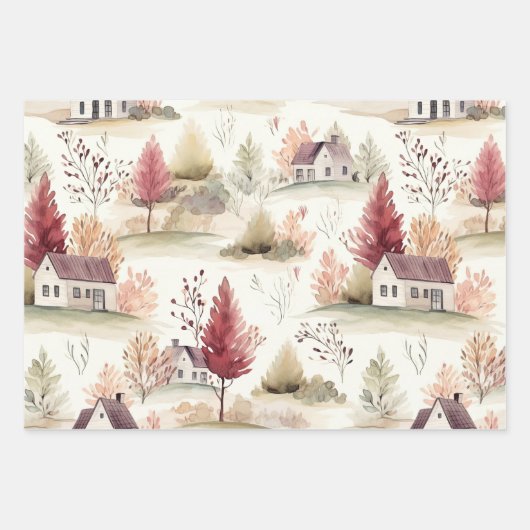 ウォーターカラーコテージコアパターン ラッピングペーパーシート (正面)