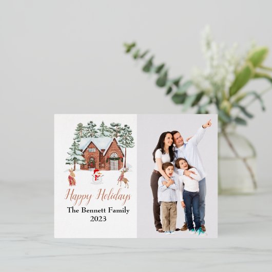 ウォーターカラーコージーウィンターハウスエステティックホリデーアート 箔シーズンポストカード (立ち正面)