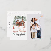 ウォーターカラーコージーウィンターハウスエステティックホリデーアート 箔シーズンポストカード (正面/裏面)