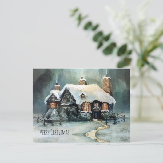 ウォーターカラーコージーハウスミニチュア魅力的ビレッジ シーズンポストカード (スタンド正面)