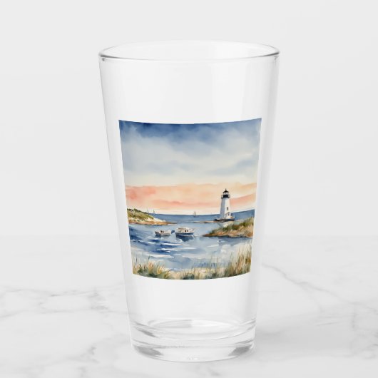 ウォーターカラーコースタルビーチイ海ライトハウス タンブラーグラス (正面)