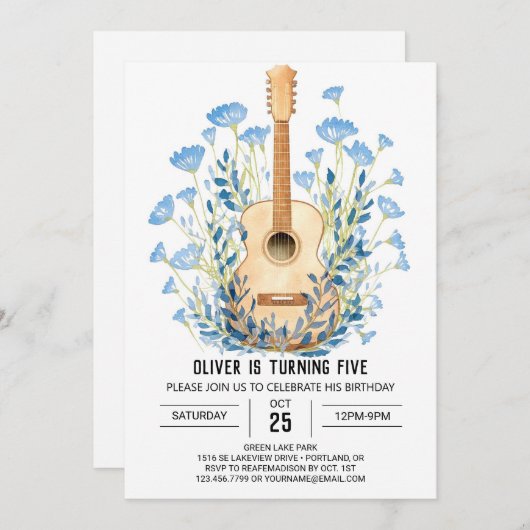 ウォーターカラーコードギターボーイ誕生日 招待状 (正面/裏面)