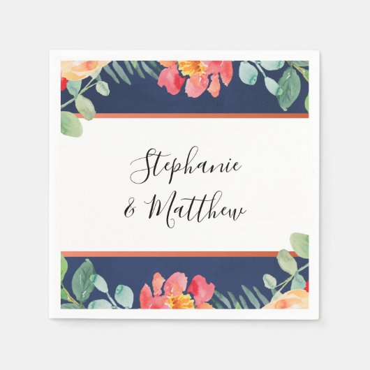 ウォーターカラーコーラルフローラネイビー結婚ブルー スタンダードカクテルナプキン (正面)