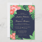 ウォーターカラーコーラル&グリーンフローラネイビーブルー結婚ズ 招待状 (正面)