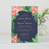 ウォーターカラーコーラル&グリーンフローラネイビーブルー結婚ズ 招待状 (スタンド正面)