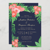 ウォーターカラーコーラル&グリーンフローラネイビーブルー結婚ズ 招待状 (正面/裏面)