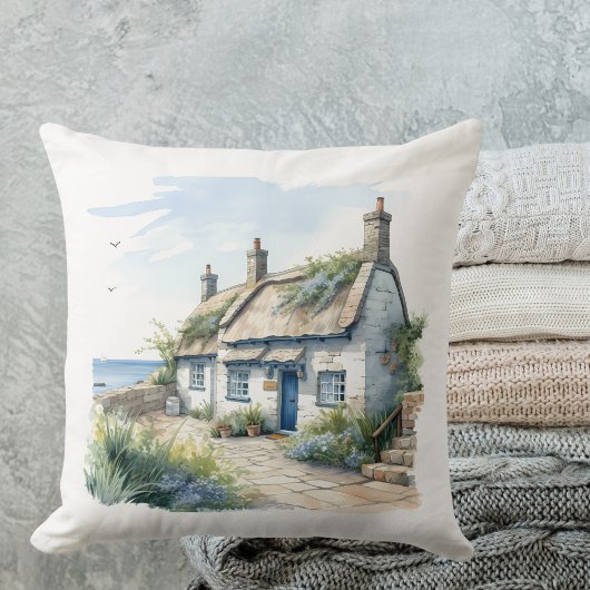 ウォーターカラーコーンウォールシーサイドコテージ クッション