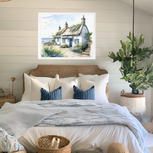 ウォーターカラーコーンウォールシーサイドコーストコテージ ポスター