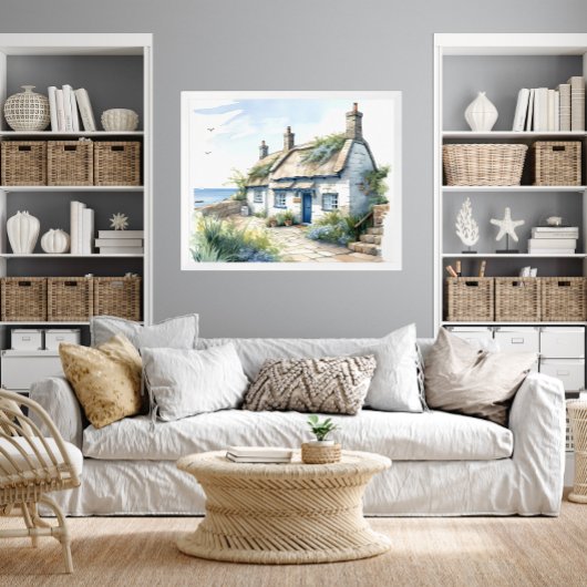ウォーターカラーコーンウォールシーサイドコーストコテージ ポスター