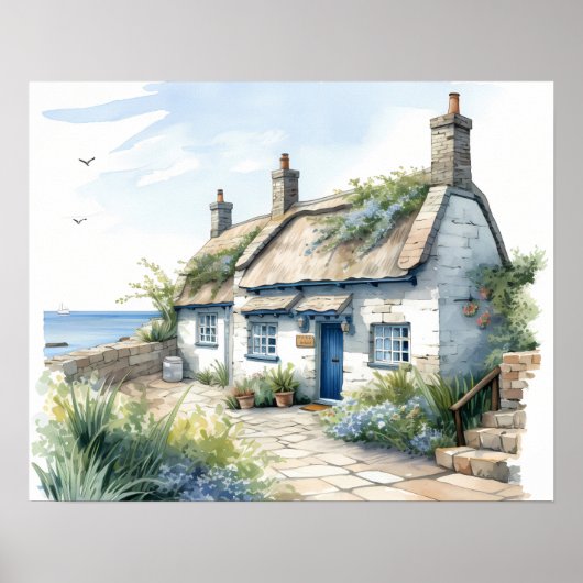 ウォーターカラーコーンウォールシーサイドコーストコテージ ポスター (正面)