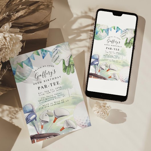 ウォーターカラーゴルフをテーマにした誕生日パーティーの招待状 招待状