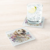 ウォーターカラーゴールデンラブラドールリトリバーと花 ガラスコースター (アングル)