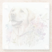 ウォーターカラーゴールデンラブラドールリトリバーと花 ガラスコースター (裏面)