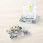 ウォーターカラーゴールデンラブラドールリトリバーと花 ガラスコースター (アングル)