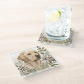 ウォーターカラーゴールデンラブラドールリトリバーと花 ガラスコースター (アングル)