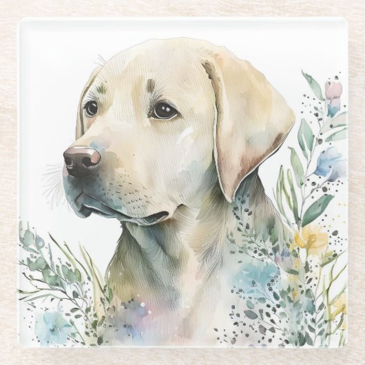 ウォーターカラーゴールデンラブラドールリトリバーと花 ガラスコースター (正面)