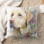 ウォーターカラーゴールデンラブラドールリトリバーと花 クッション (ブランケット)