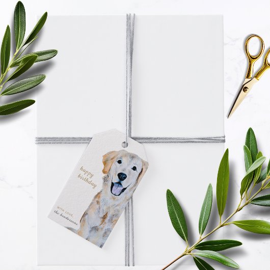 ウォーターカラーゴールデンレトリエバードッグハッピーバースデー ギフトタグ