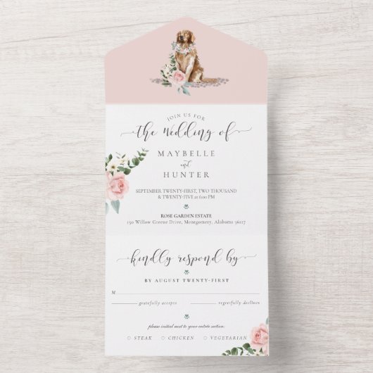 ウォーターカラーゴールデンレトリエバードッグ&フローラピンクローズ オールインワン招待状 (内側)