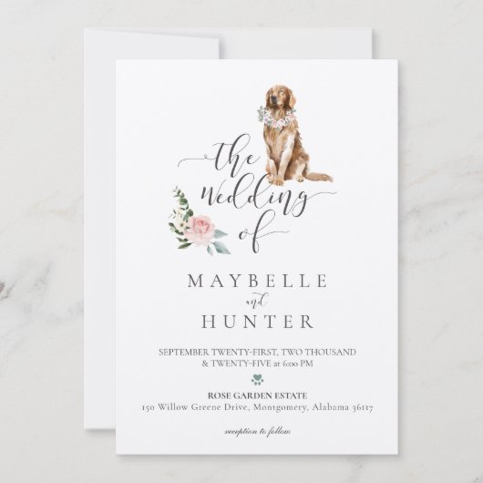 ウォーターカラーゴールデンレトリエバーペット&フローラピンクローズ 招待状 (正面)