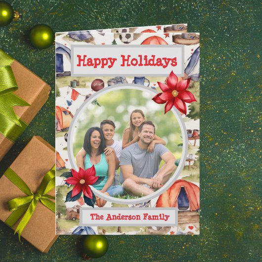 ウォーターカラーサッカーキャンピングファミリーフォトホリデー カード