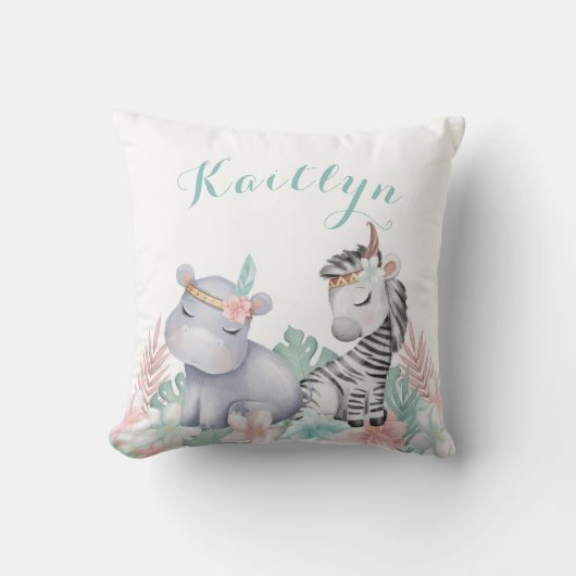 ウォーターカラーサファリアニマルズベビー子供部屋ガール クッション (正面)