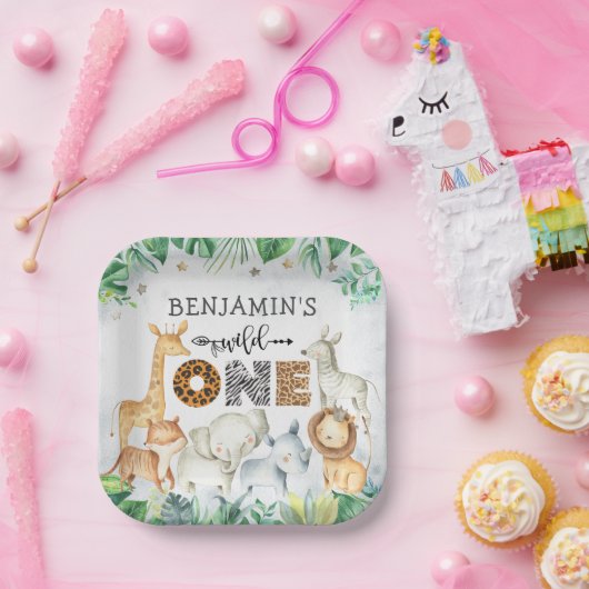 ウォーターカラーサファリアニマルズワイルドワン誕生日 ペーパープレート (パーティー)