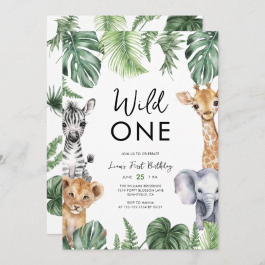 ウォーターカラーサファリアニマルズワイルドワン誕生日 招待状 (正面/裏面)